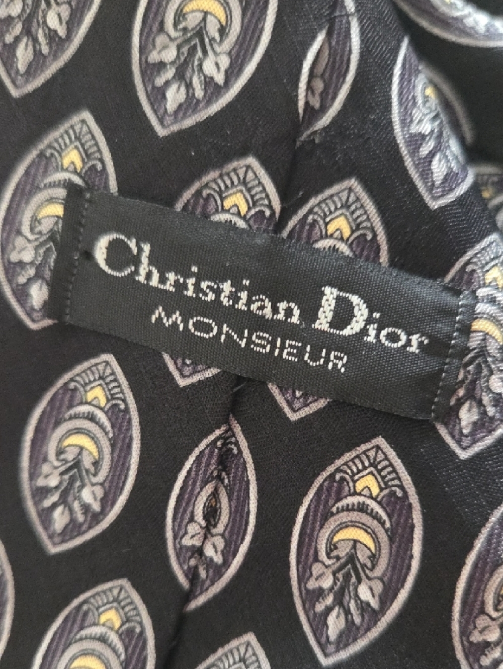 Dior 100% Silk Black Tie with Silver & Gold Medallion Motif - Picture 2 of 7